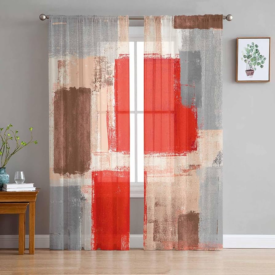 Sheer Paint Abstract Geometric Yellow Tulle Curtains Living Room Bedroom Kitchen Window Treatment Chiffon Curtain Blinds Polyester Washable Area Ready