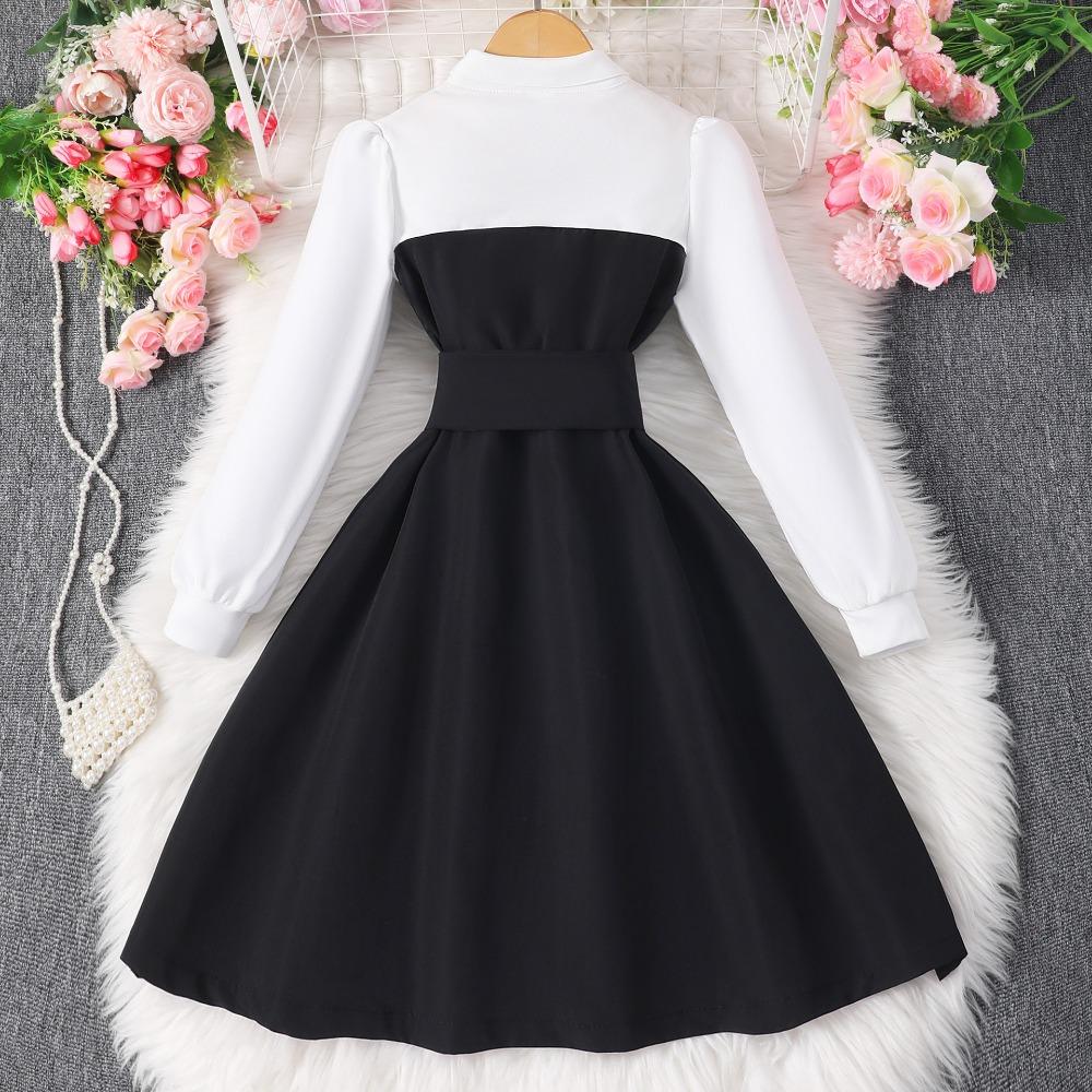 8-12Y Girls' Long-Sleeved Dress Autumn/Winter Dress Patchwork Fashion Contrasting Colours Minimalist Dress