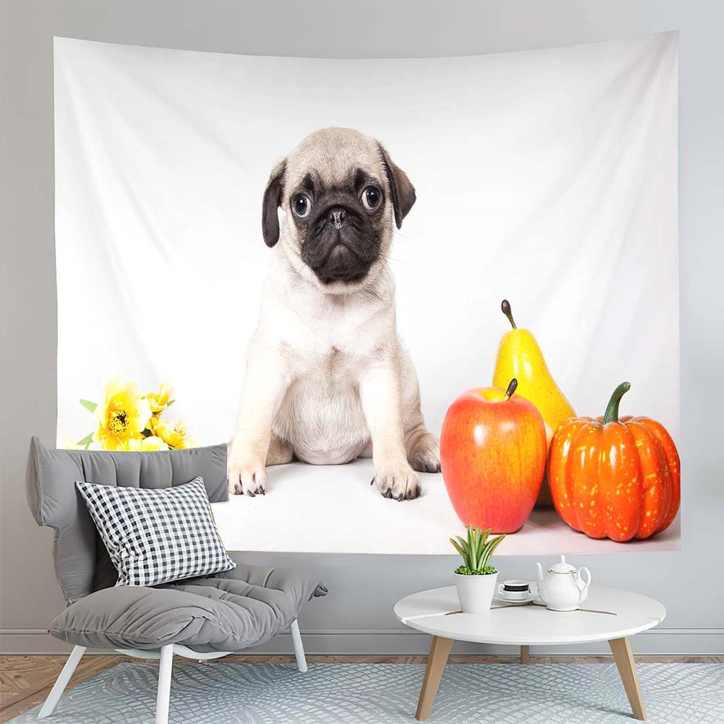 Pug Dog Tapestry Cute Black Animals Tapestry Autumn Fallen Leaves Tapestry Home Living Room Bedroom Wall Modern Art Tapestries