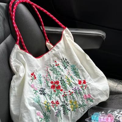 2025 New Environmentally Friendly Shopping Bag Gao Yuanyuan Same Flower and Grass Embroidered Bag Nylon Versatile Commuter Shoulder Bag Women