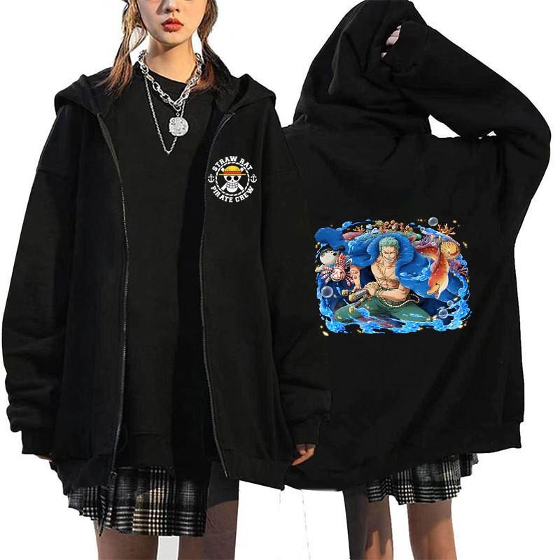 Mens Oversized Hooded Zip-Up Sweatshirt With One Piece Anime Print Plus Size Fleece-Lined Casual Jacket Fall