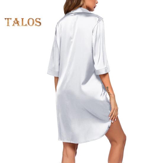 Damen Sommer Nachthemd Halbarm Hemdtyp Revers Einreihig Locker Einfarbig Satin Locker Geteilter Saum Homewear Schlafkleid Nachtwäsche