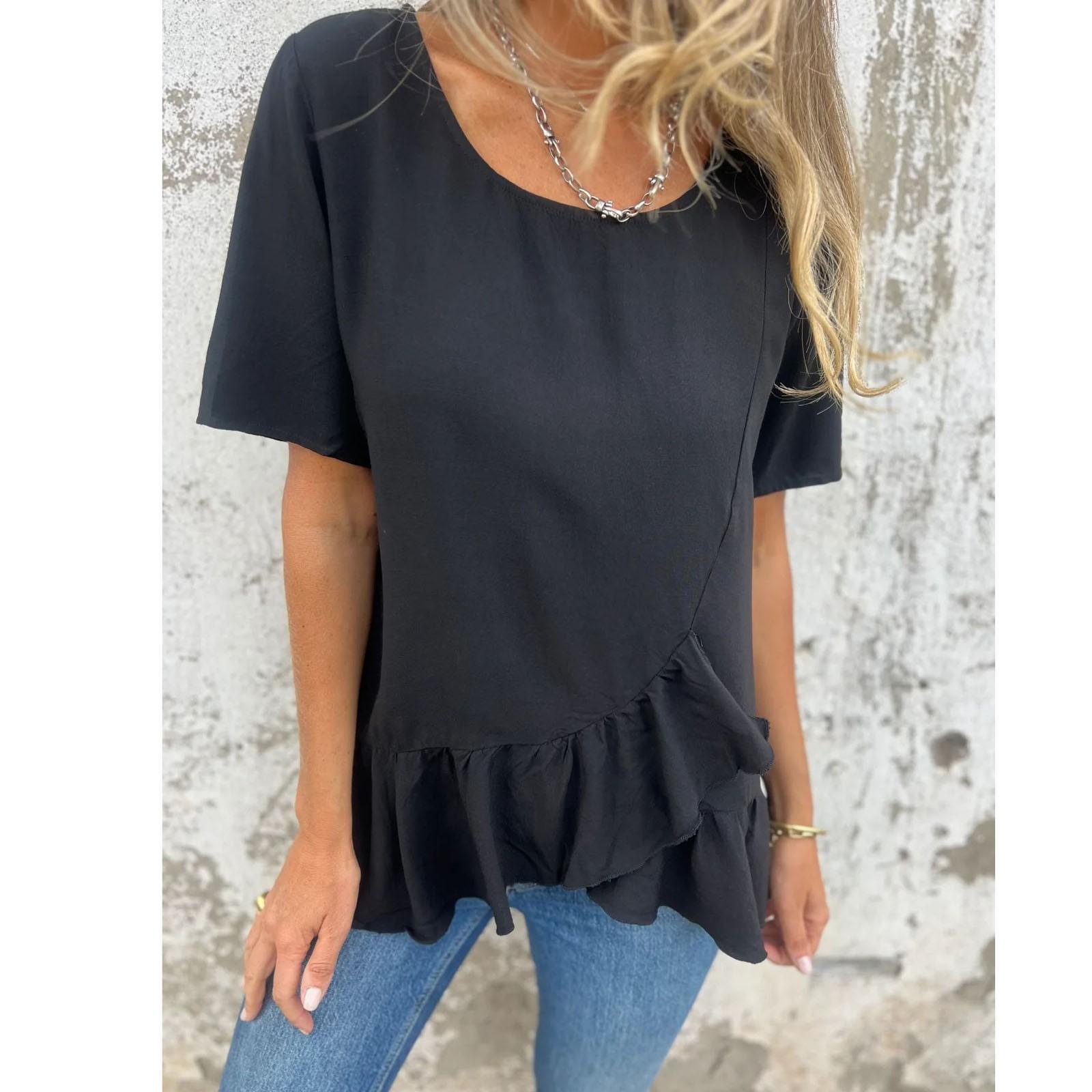 

Летняя новая свободная футболка женская с круглым вырезом повседневная хлопковая и льняная с оборками S чёрный