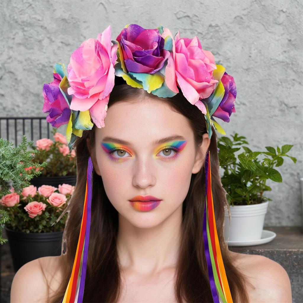 Floral Hairband Rainbow Rose Hair Hoop Halloween Decorative Tassels Role Play Costume Proms Party Live Show Headwear