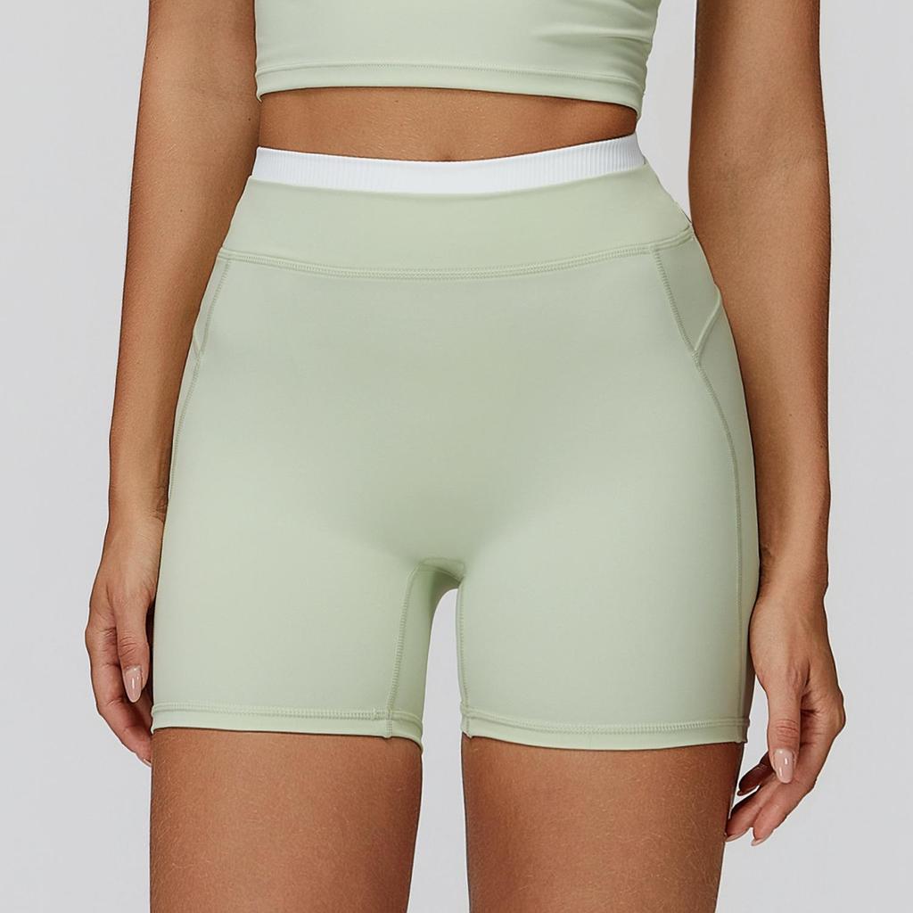 Hohe Taillen Farbe Block Po-Hebende Yoga-Shorts – Damen Gerippte Nude-Gefühl Lauf-Sport-Shorts (Stil 3129)