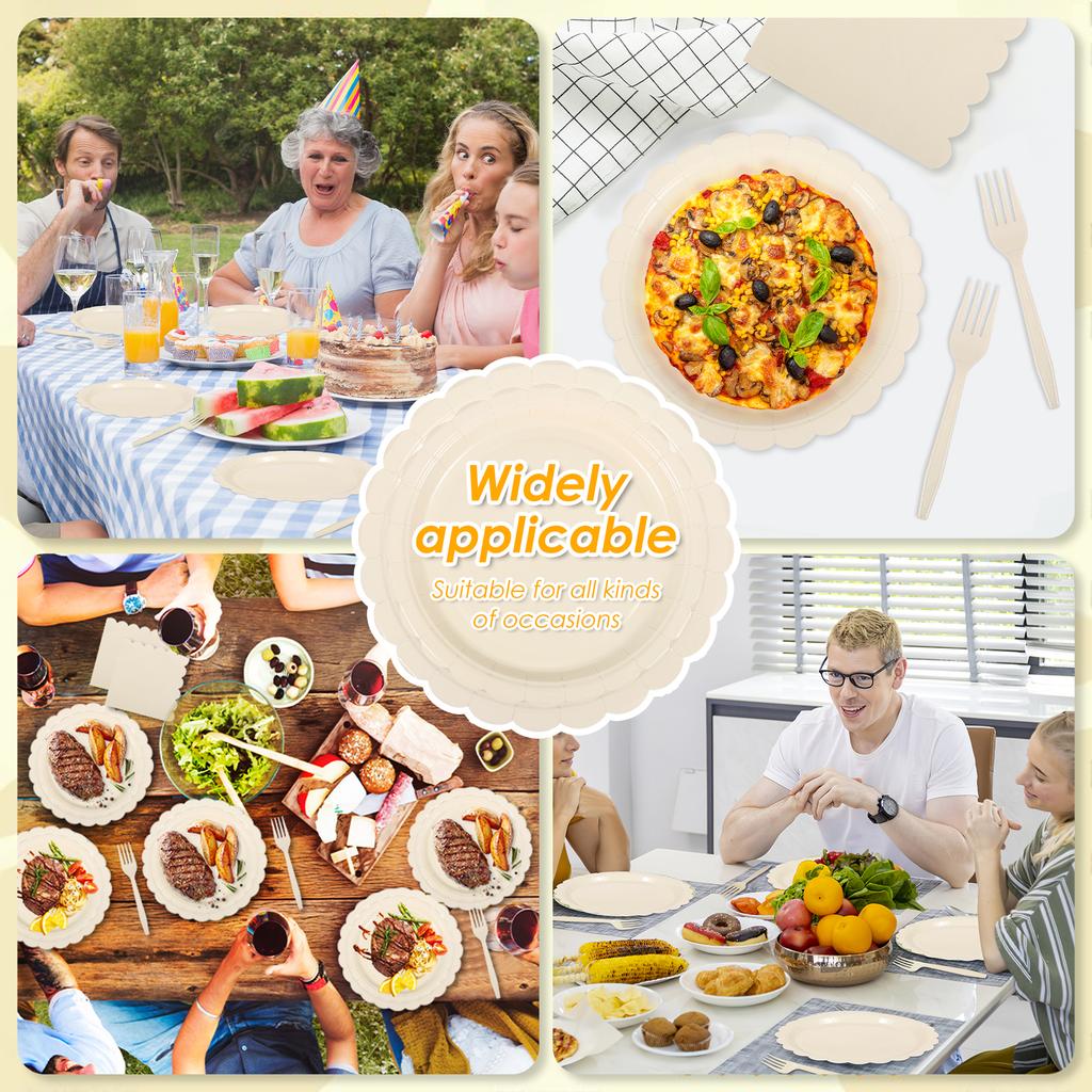 200Pcs Scalloped Edge Tableware Set Party Supplies Thickened Paper Dinnerware with Napkin Plate and Fork for Weddings Tea Party