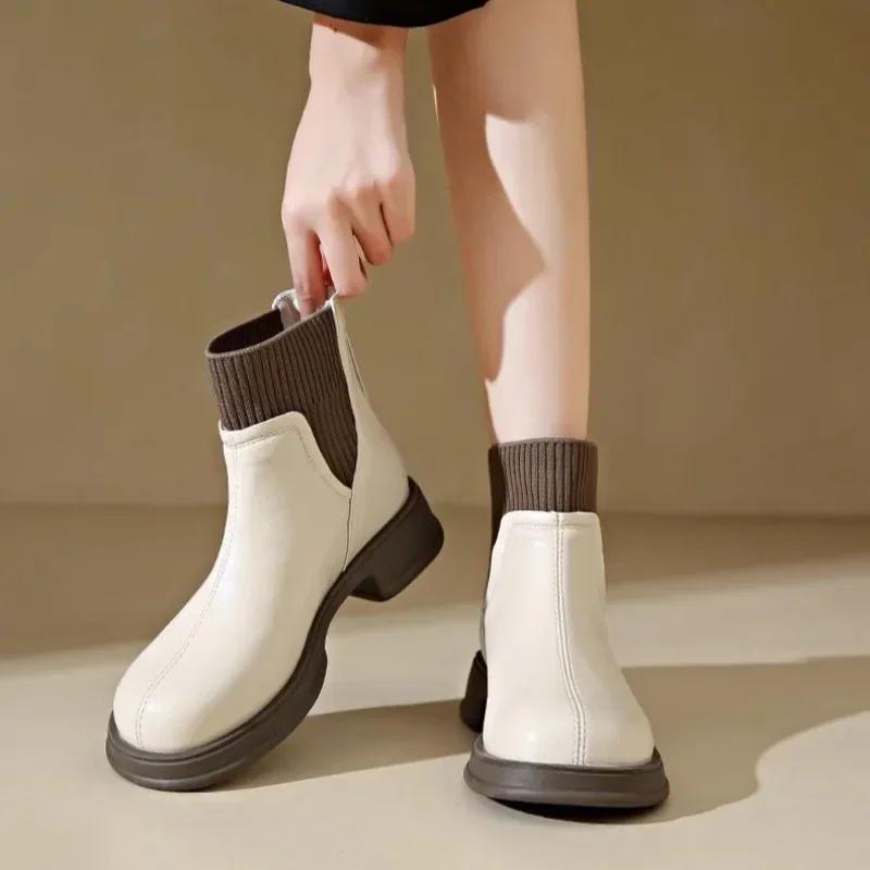 Fashion Elegant With Medium Heels Woman Short Shoes Winter 2024 Ankle Boots for Women Round Toe Chic Trend On Offer Promotion Pu Booties
