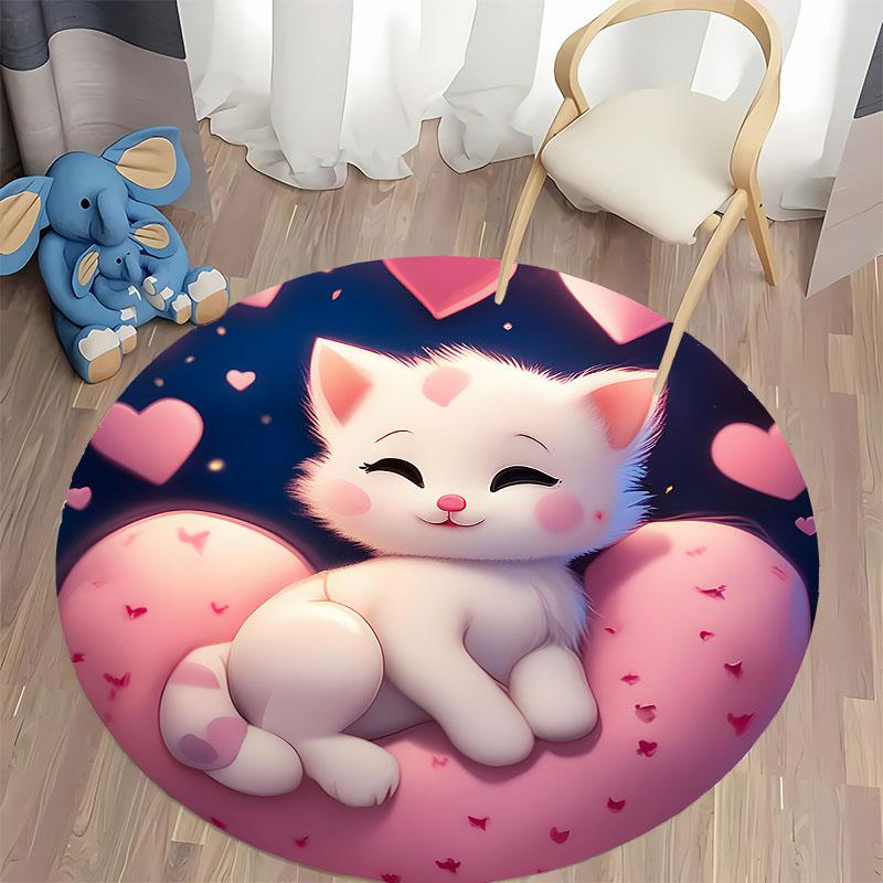 Charming Cat and Hearts Rug for Nursery Room round carpet for home sofa bedroom, gift