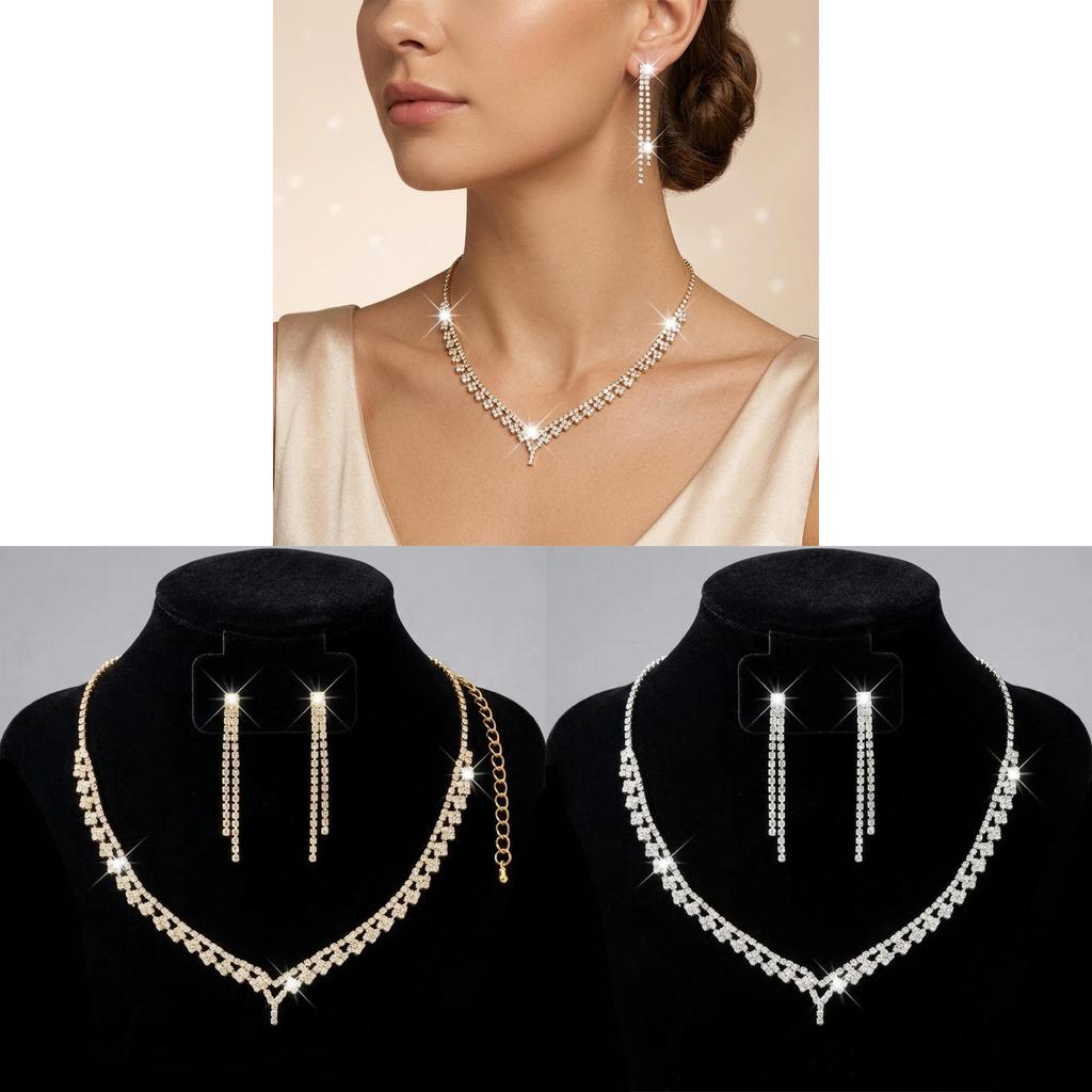 Geometric Alloy Necklace Earrings Set For Wedding With Water Drill Pendants