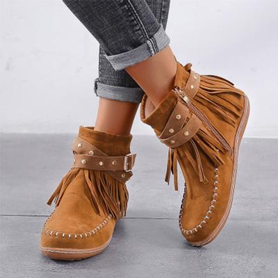 Mode Frauen Vintage Stiefeletten frauen Quaste Nieten Stiefel Damen Nähen Runde Kappe Flache Weibliche Mode Zip Feste Schuhe Große größe