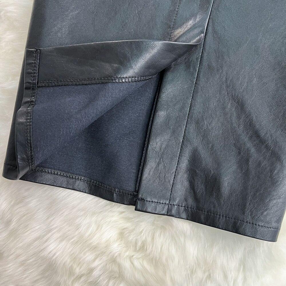 Herbst und Winter Retro Temperament Hohe Taille Schlank Paket Hüfte Einreihig Langer Abschnitt Offen Gewaschenes Leder Halbkörperrock