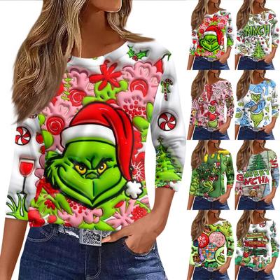 Women's Fashionable Casual Three Quarter Sleeve Christmas Printed Round Neck Top