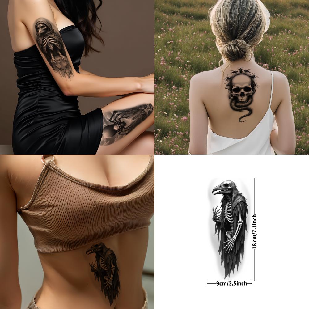 3pcs Temporary Tattoo Waterproof Long-lasting Body Stickers Skull With Snakes Skeletal Crow Skeletal Raven For Thighs Arms