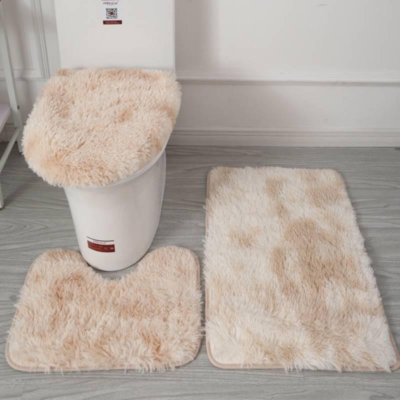 Non Dye Tie Slip Mat Fluffy Plush Bathroom Toilet Seat Cover Carpet 3 Piece Set