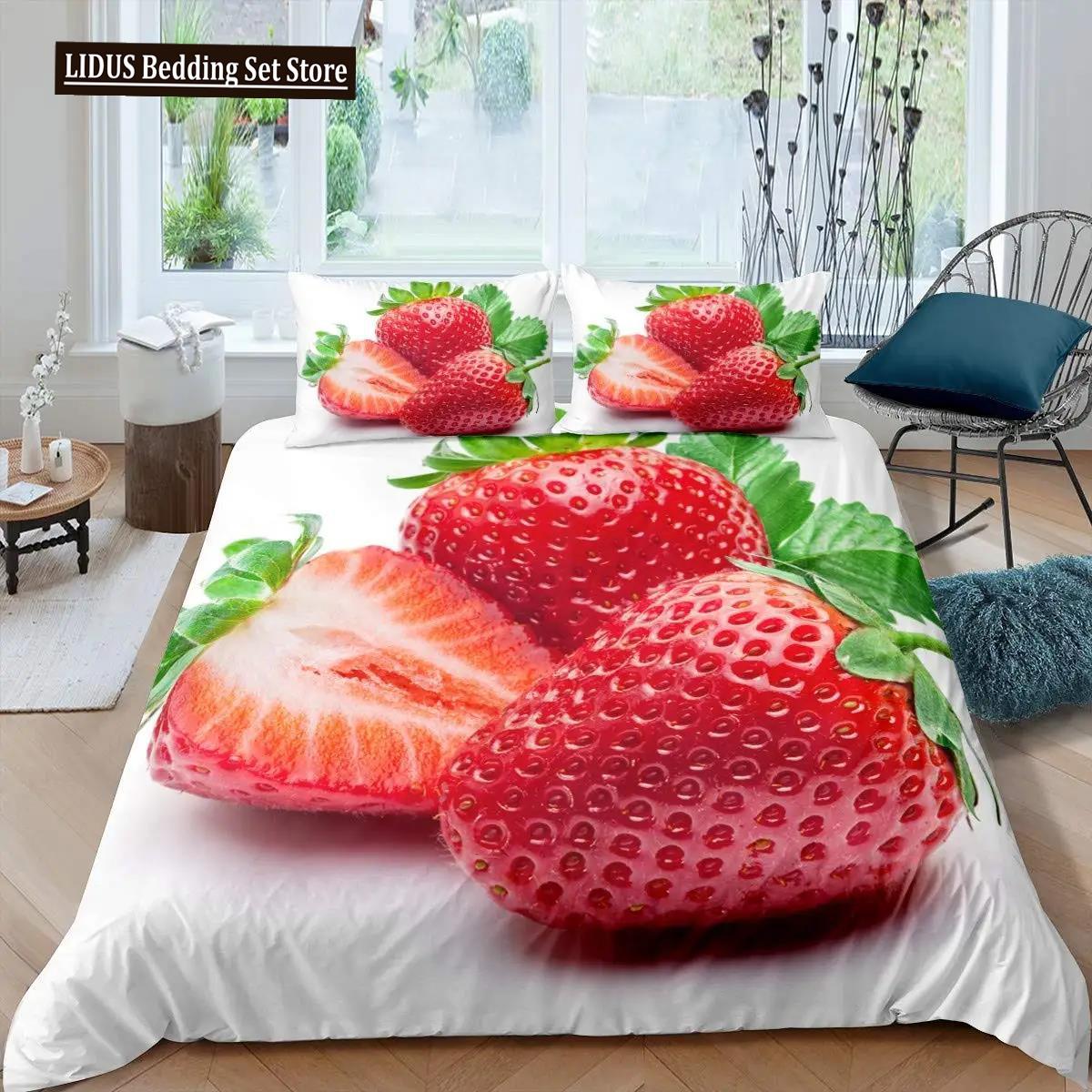 

Strawberry Duvet Cover Set Girl King Size Comforter Cover Set Red Strawberry Bedding Set Food Fruit Quilt Cover For Kids Gift EU single(135x200cm)