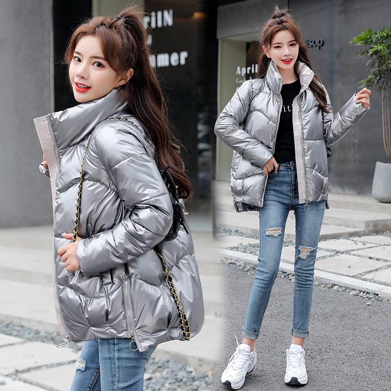 2026 New Women's Glossy Puffer Coat, Korean Style Stand Collar Cropped Winter Jacket, Warm Quilted Outerwear