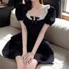Black Square Neck Bow Bubble Sleeve Dress Women's Summer Temperament Waist Princess Fluffy Short Skirt Small Black Skirt