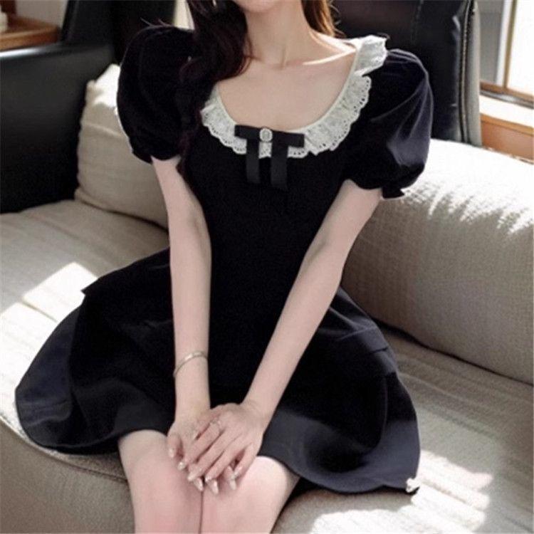 Black Square Neck Bow Bubble Sleeve Dress Women's Summer Temperament Waist Princess Fluffy Short Skirt Small Black Skirt
