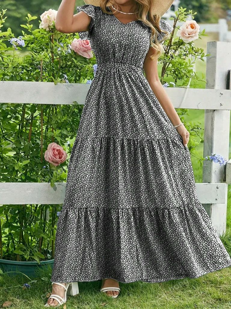 Purple Floral Print Sleeveless Tiered Maxi Dress