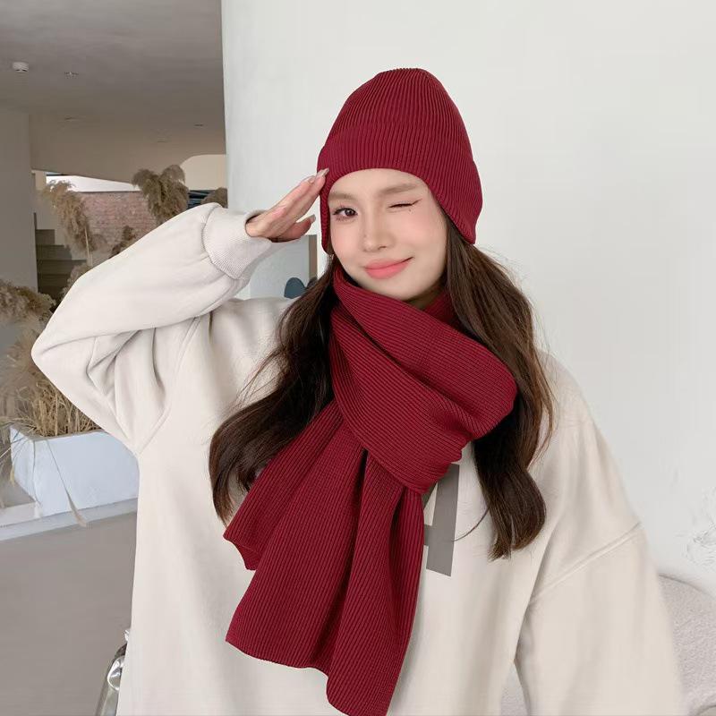 Cozy Wool Scarf & Beanie Set: Winter Warm, Windproof, Solid Color, Unisex Knit for Couples & Students