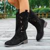 Classic Suede Western Cowboy Boots Women 2025 Autumn Vintage Hollow Out Medium Heel Riding Boots Ethnic Style Designer Shoes