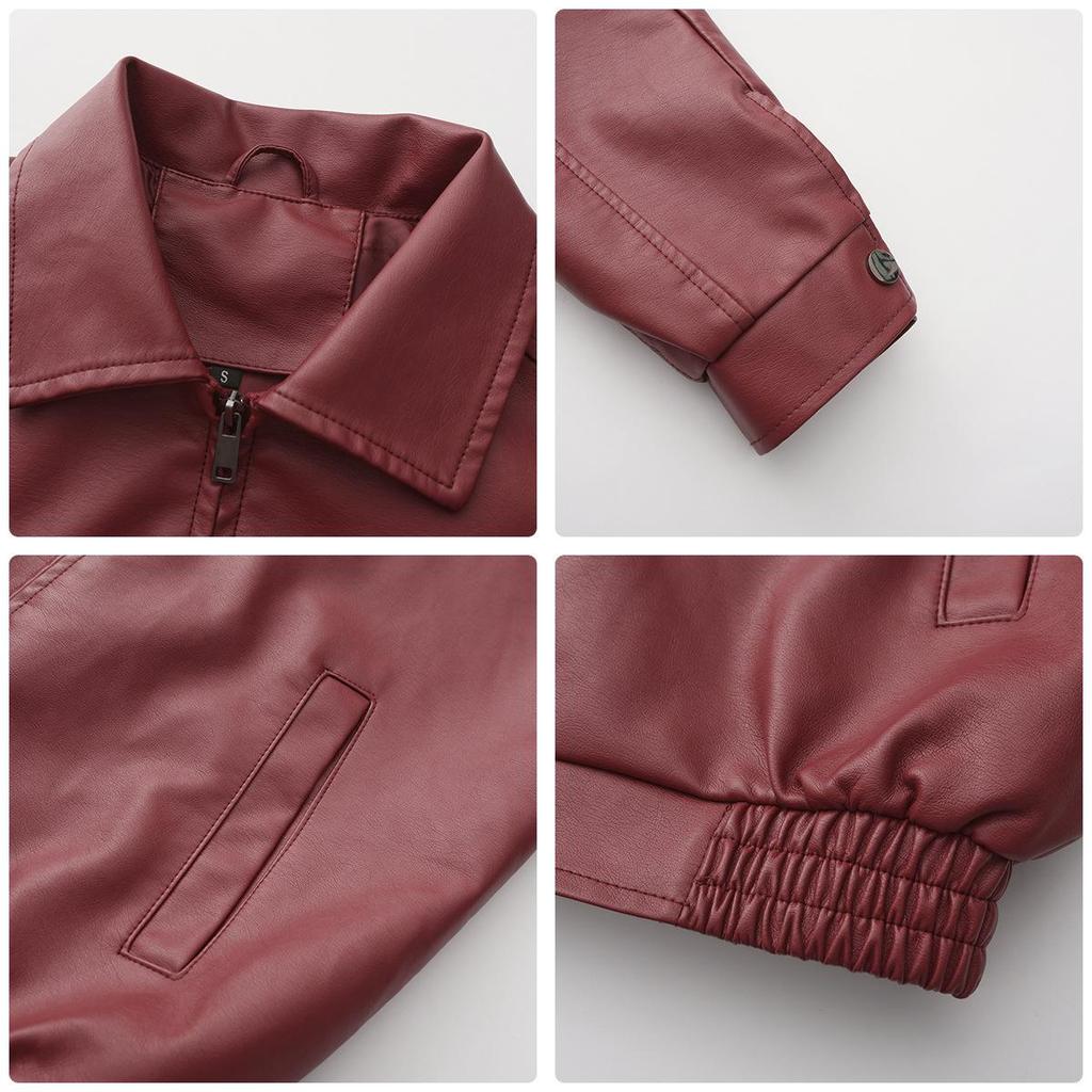 Fall Winter Women Lapel Collar Long Sleeve Slim Fit Zipper Pu Leather Jacket