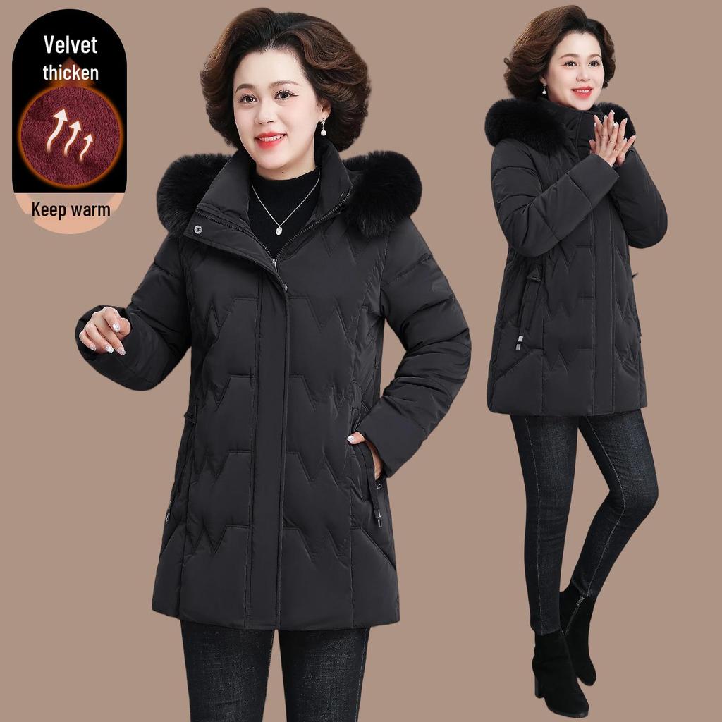 2025 Women's Stylish Hooded Mid-Length Winter Coat: Warm, Cotton-Padded Jacket for Middle-Aged and Elderly