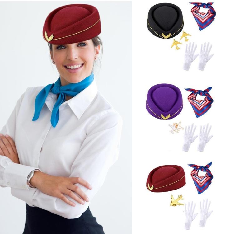 Flight Attendant Costume Accessories Women's Stewardess Outfit Air Hostess Cosplay Costume Stewardess Hat Gloves Scarf