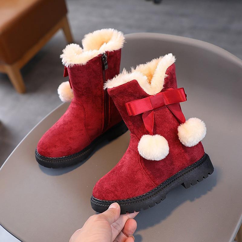 Cozy Cute Girls Winter Snow Boots Plush Pom Pom Warm Fleece Lined Mid Calf Zip Up Rubber Sole Brown Red Black Youngsters