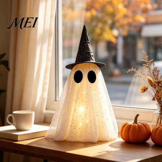 Stable Three Dimensional Ghost Halloween Decor, Spooky Sequin Mesh Fabric with Witch Hat/Bow, Whimsical for Home Decor Small Standing Tabletop