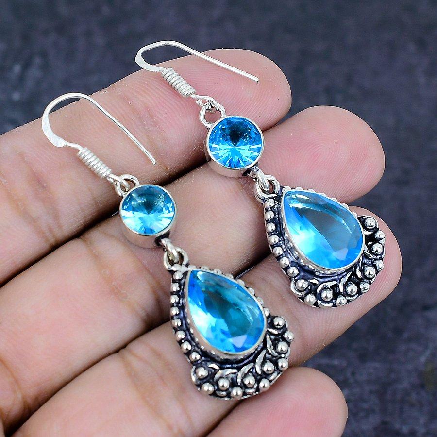 Natural Swiss Blue Topaz Gemstone 925 Sterling Silver Earring 2.05" G7w66