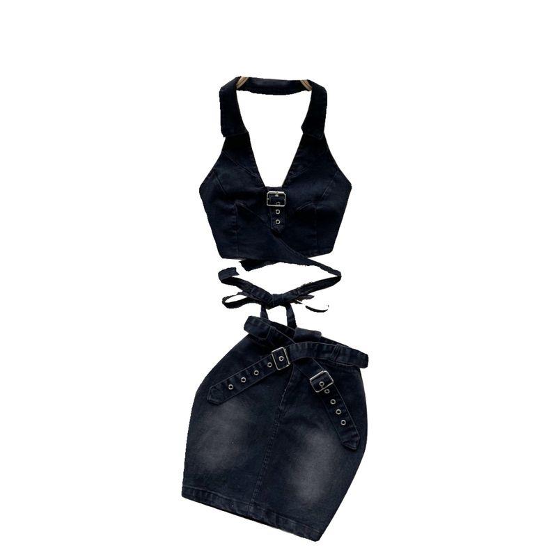 American Style Sexy Denim Tied Slim Fit Short Halterneck