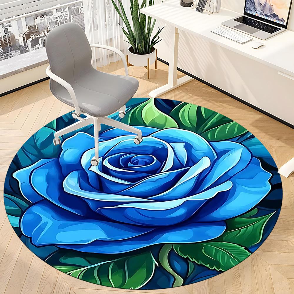 1pc Blue Rose Office Round Area Rug, Indoor Mat Suitable ForOffice, Under Office Chairs Bedroom Living Room Home Decor, Room Deco  D095