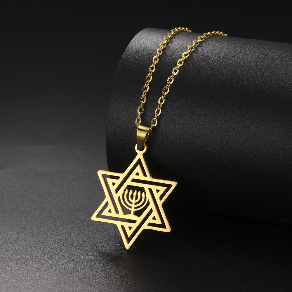 Star of David Hanukkah Menorah Necklace Stainless Steel Hexagram Protection Amulet Religious Pendant Je Jewelry