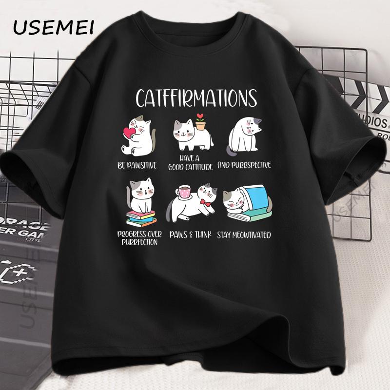 Positive Cats Catffirmations T-Shirt for Men Women Cat Lover Teacher T Shirt Funny Cat Graphic Tees Mens Designer Clothes Top
