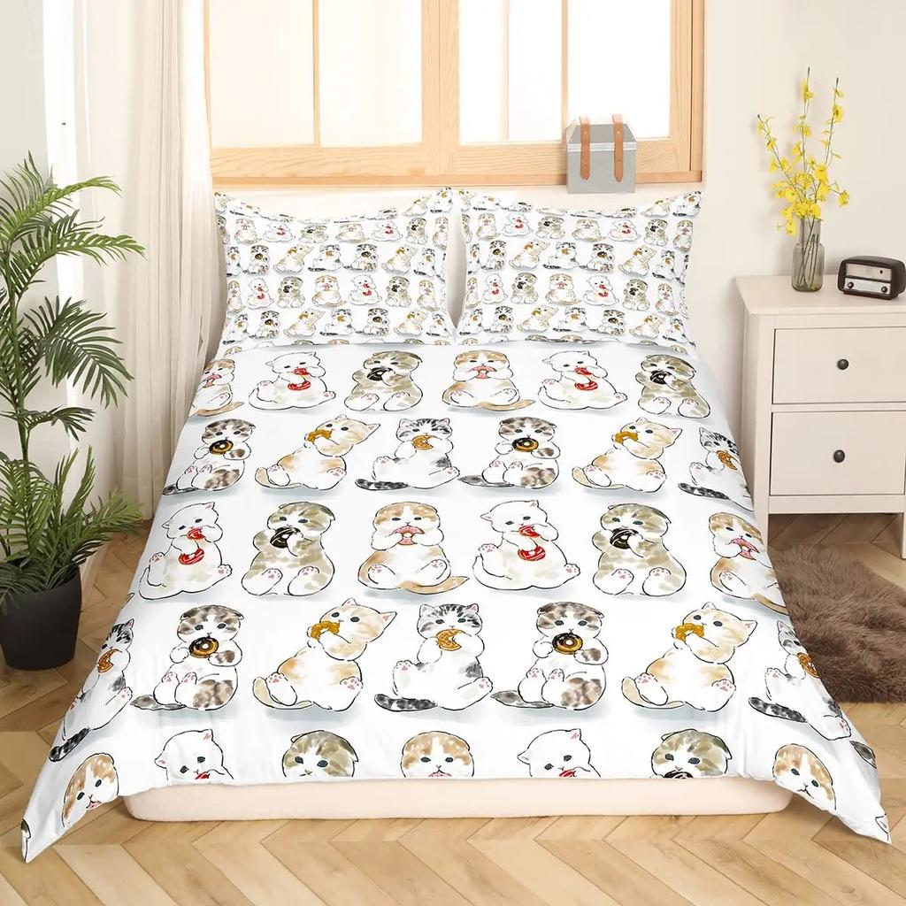 Cartoon Cat Duvet Cover Set Cartoon Animal Print Bedding Set With Pillowcase 2/3Pcs Comforter Cover For Bedroom Decor