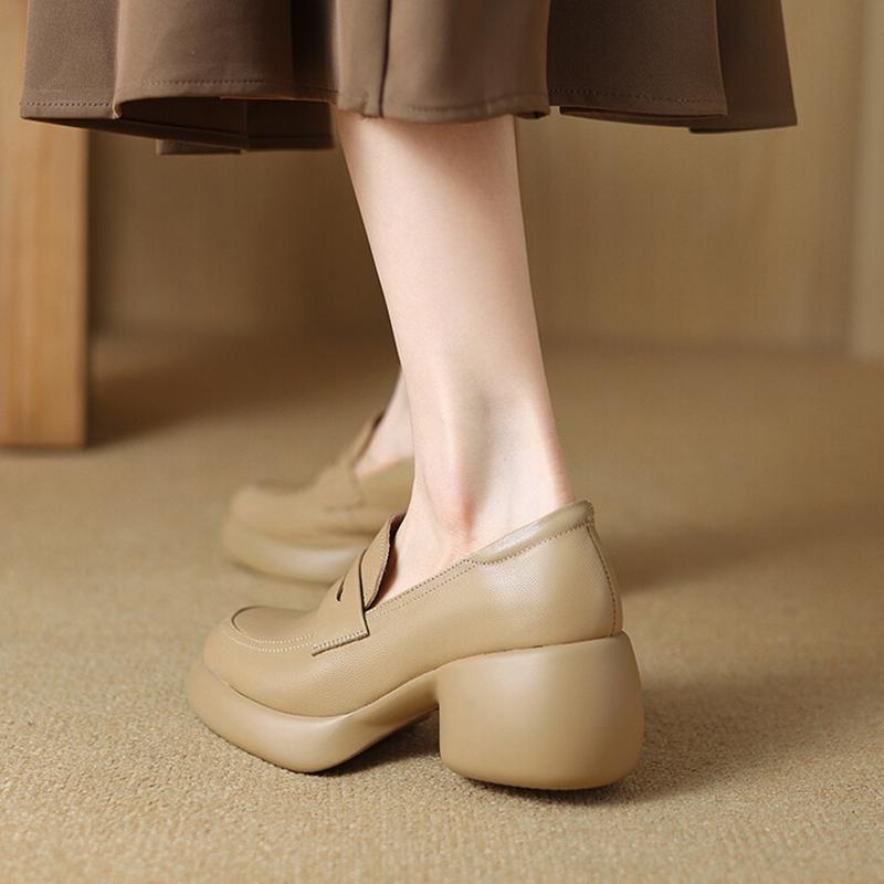 Fashion NEW Spring/Autumn Women Loafers Round Toe Chunky Heel Shoes Genuine Leather Shoes for Women Slip-on Platform Shoes Women Pumps