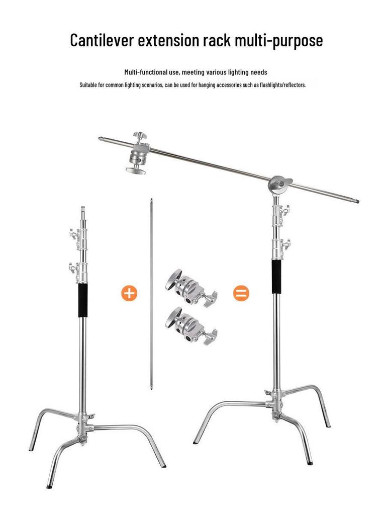 3.3m Stainless Steel Heavy Duty C-Stand with Portable Horizontal & Angled Arm for Photo Studio Lighting.