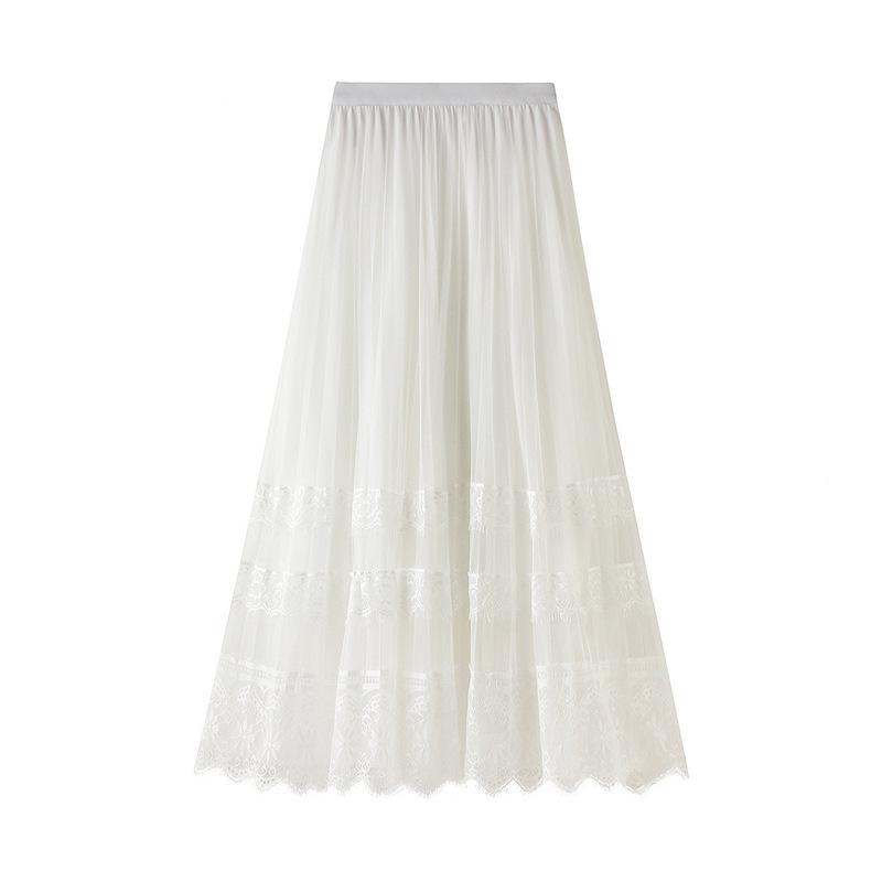 Korean Version of The High-waist Lace Stitching Mesh Skirt Women's Pleated Skirt A-line Mid-length Skirts