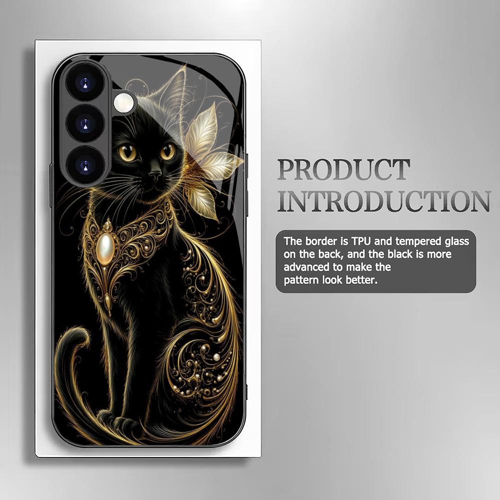 Fashionable Black Cat Tempered Glass Phone Case Suitable for Samsung Galaxy S26 S25 S24 S22 S21 S20 FE/Ultra/Plus Shockproof