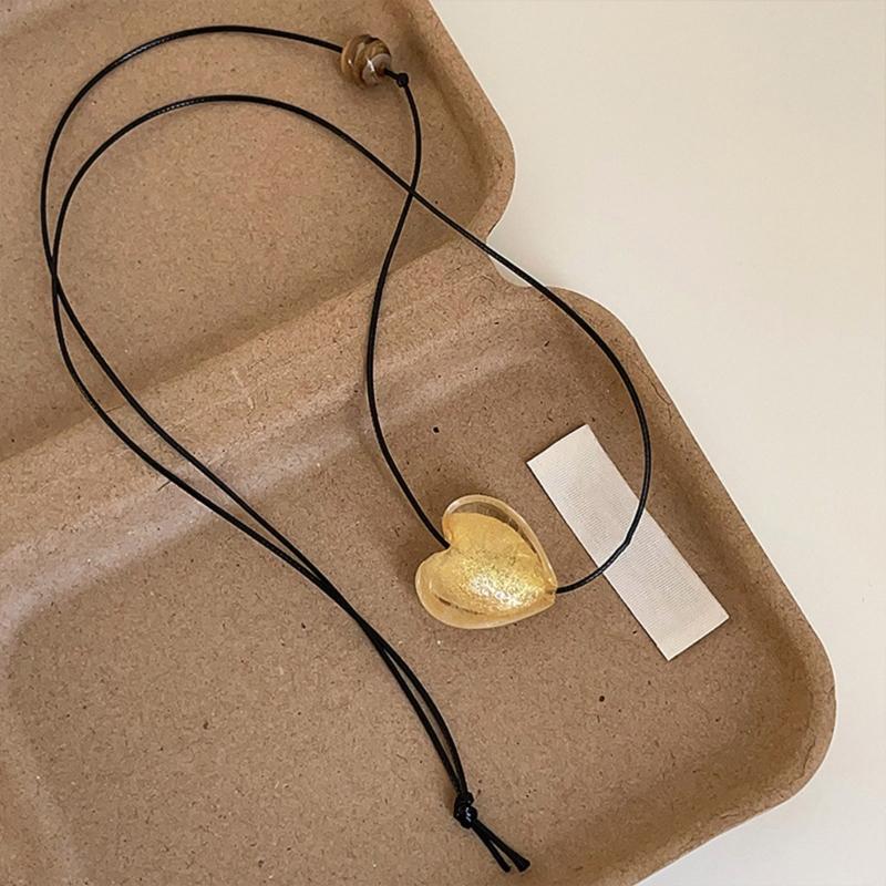 Elegant Handmade Colored Glaze Heart Choker Adjustable Black PU Leather Chain Necklace Trendy Accessory for Ladies