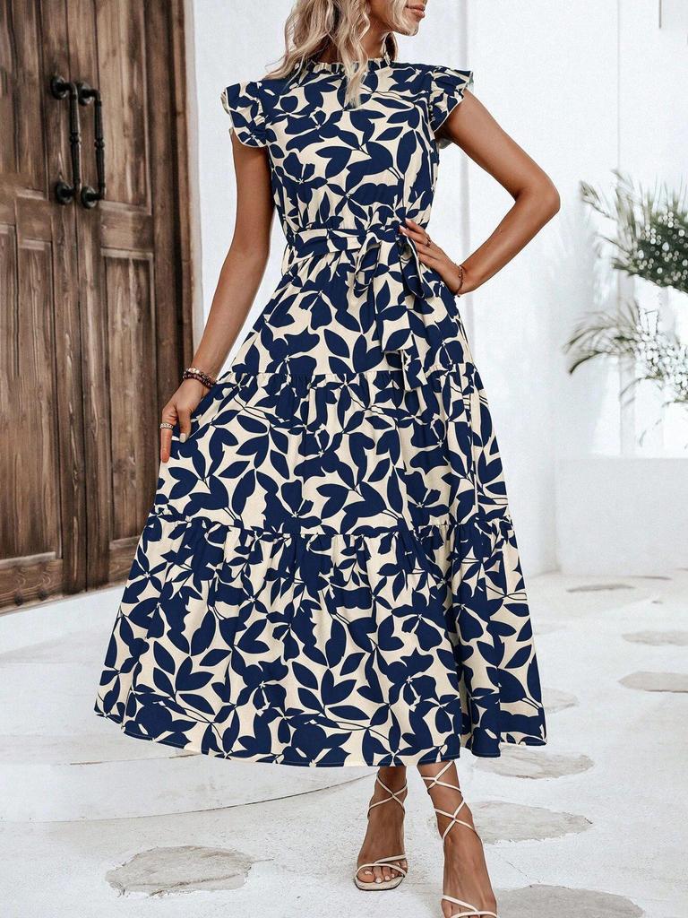 2026 Spring/Summer European and American Style Printed Round Neck Flutter Sleeve Fashion Dress for Women