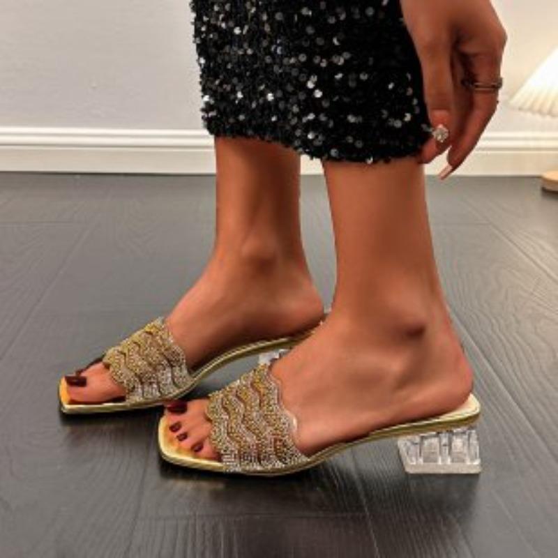 Fashion Plus Size 2025 Summer Modern Women's Open Toe Slippers Elegant Square Toe Rhinestones Med Heel Sandals Fashion Dress Slippers