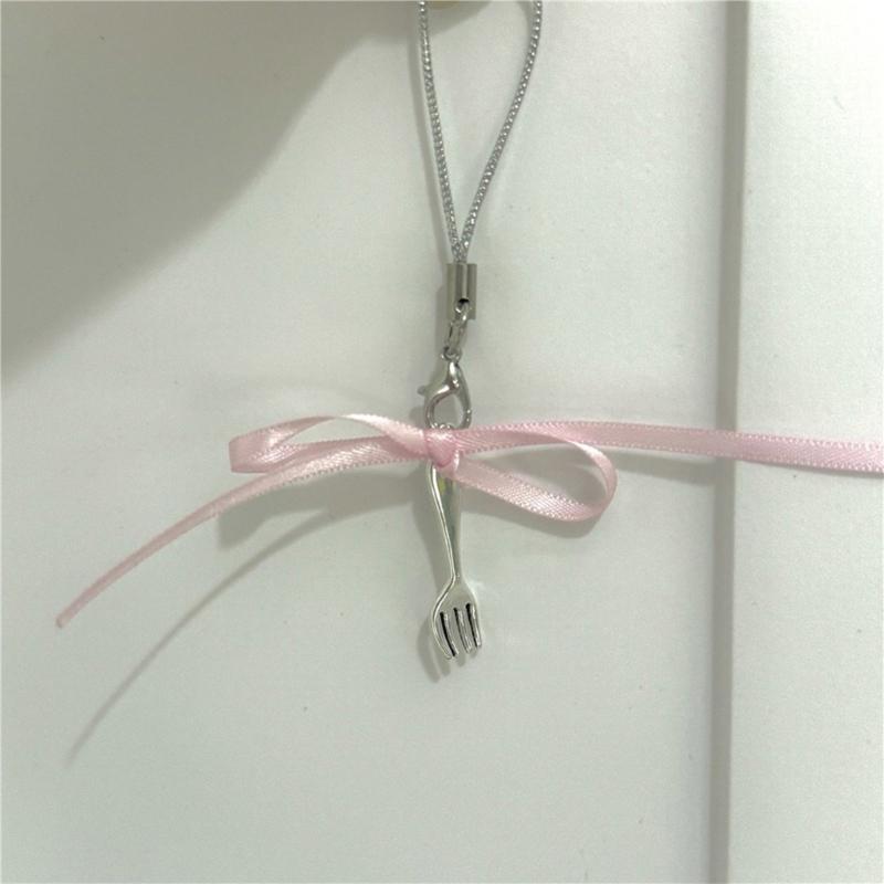 Ribbon Bowknot Phone Strap Fork Pendant Phone Chain Detachable Bows Phone Lanyard Keychain for Bag Backpack Kerying Gift