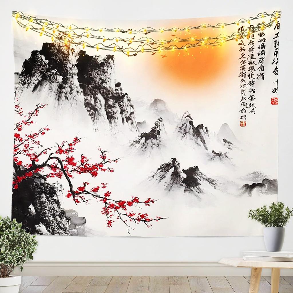 Japanese Crane Tapestry, Black Background with Red Sun, White Clouds and Sakura Print Wall Hanging for Bedroom,Living Room Decor