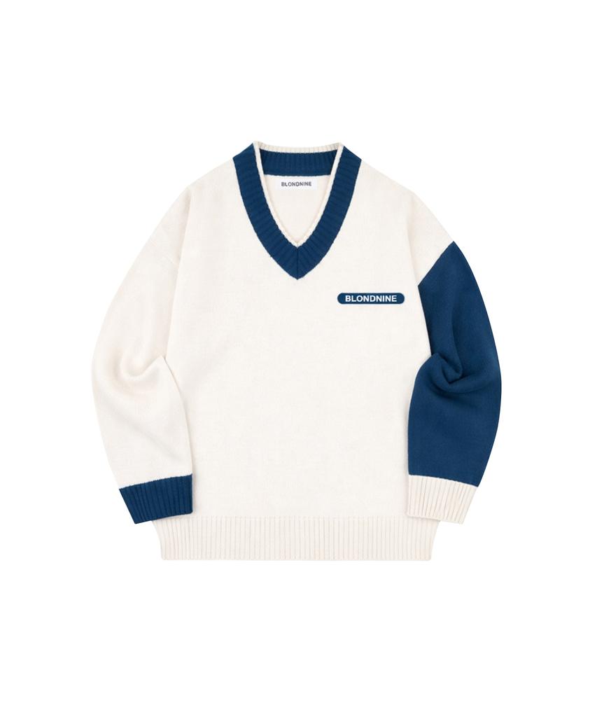 BLOND9 V Neck Color Knit Sweater_Blue