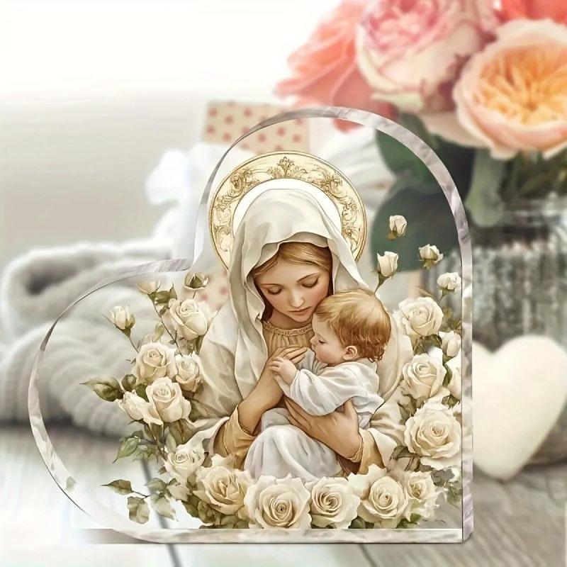 2D Flat Religious Heart-shaped Acrylic Tabletop Decoration, Home Decor Plaque Hanging Wall Art Decorative Garden Decoration for Room Door Signs Hangin