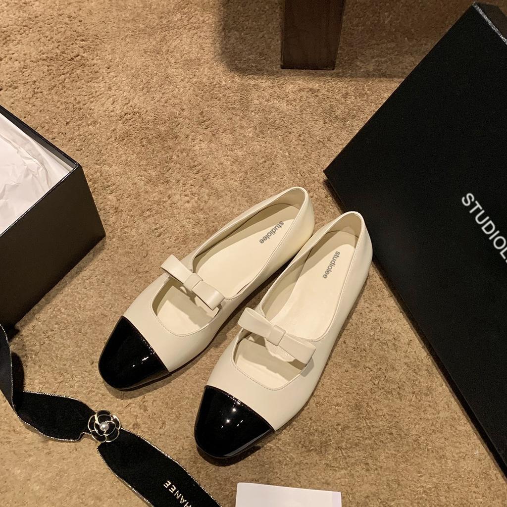 Sheepskin Version~ Leather French Bow Square Head Mary Jane Shoes Women's Autumn New Flat-bottomed Small Fragrant Ballet Shoes