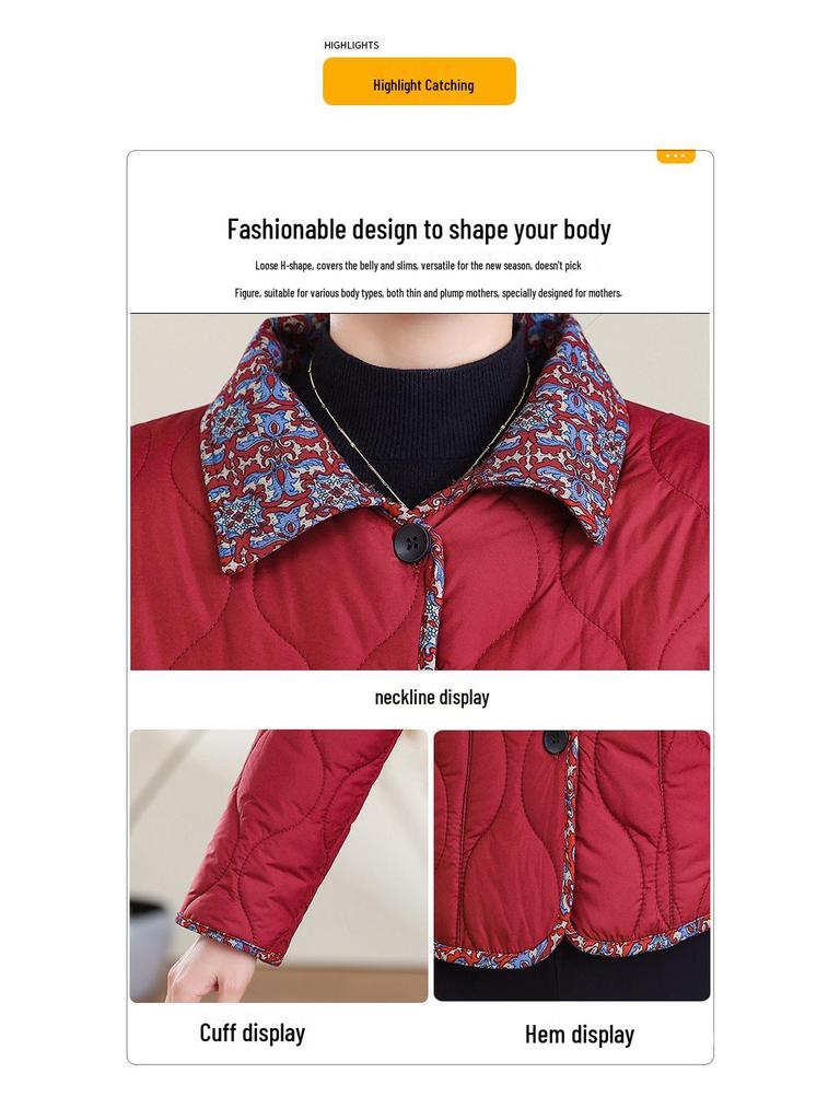 Chic Autumn/Winter Cotton Jacket with Fleece for Middle-Aged and Elderly Women, Warm Short Coat