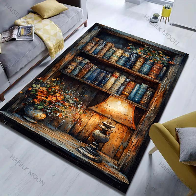 1 Stück Bücherregal Ölgemälde Stil Druck Teppich für Schlafzimmer Wohnzimmer Bettseite Sofa Bodenmatte Moderne Heimdekoration Bereichsteppich